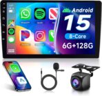 6G+128G 8-Core Android Car Stereo Double Din 10.1 inch Wireless Carplay IPS Touchscreen Car Radio Android Auto Screen with GPS Navi Bluetooth DSP, Mirror Link, WiFi, FM RDS, Backup Camera SWC Driauto