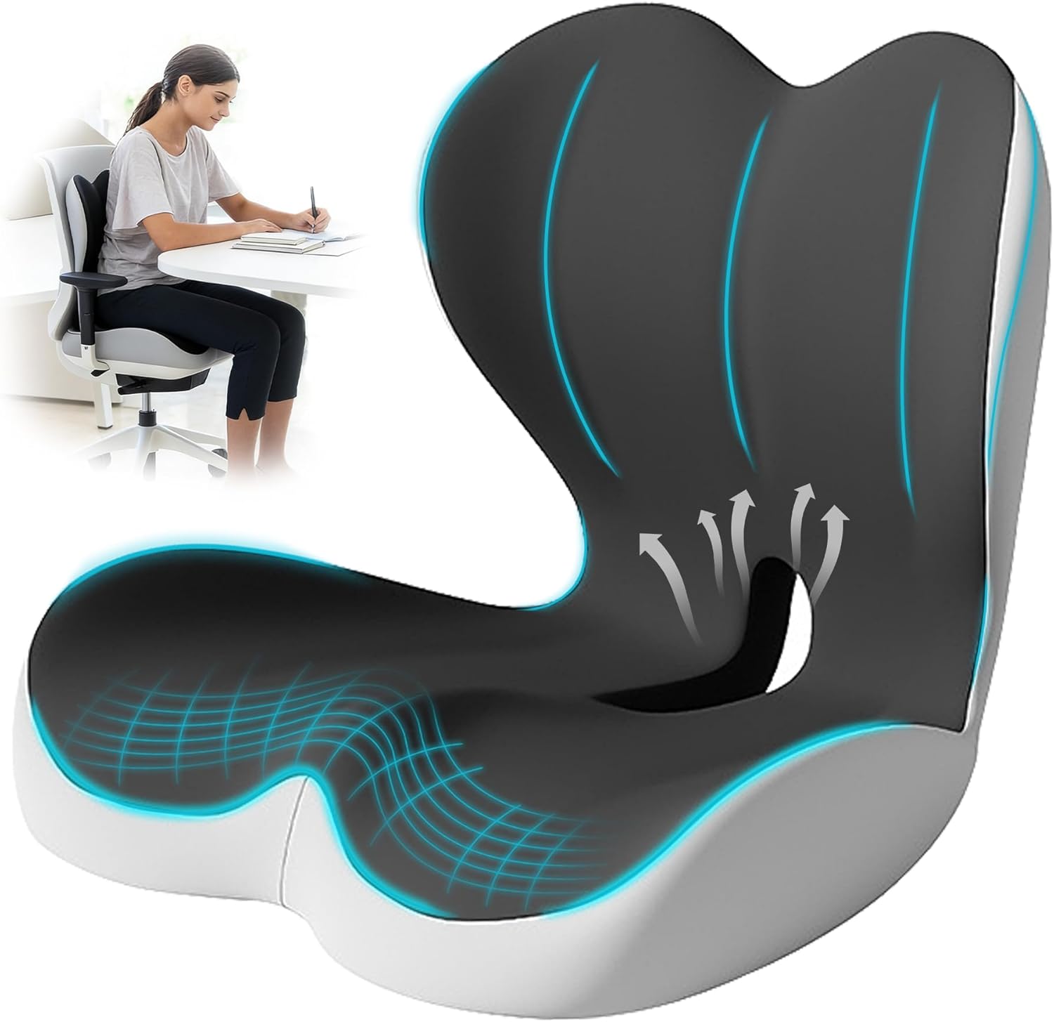 71JE8CVpc2L._AC_SL1500_.jpg Seat Cushion for Office Chair and Car, Lumbar Support Pillow for Office Chair, Memory Foam Ergonomic Seat Cushion for Long Sitting, Back & Tailbone Pain, Sciatica - Dark Gray & Light Gray - Image 1