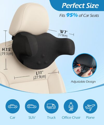 Car Neck Pillow: 2 Pack Ergonomic Memory Foam Headrest Pillow for Driving, Adjustable Neck Support Cushion for Pain Relief, Head Rest Pillows for Car Seat, Truck - Black - Image 5
