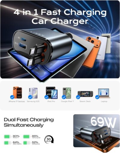 LISEN Retractable Car Charger USB C [Upgraded Dual Type C] 75W Fast 4 in 1 Car Charger for iPhone 17, Road Trip Essentials Gifts for Men Women, Car Accessories for Galaxy S26 Phone 17 Pro Max 16 15 - Image 7