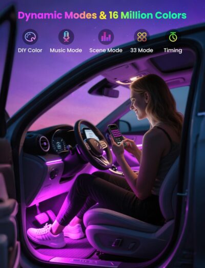 Pak Car LED Lights, Smart RGB 48 LED Car Interior Light with APP Control, Under Dash Car Strip Lights, Music Mode, DIY Mode, 2 Lines Design with Car Charger, Ambient Lighting for Cars, SUVs, Trucks - Image 3