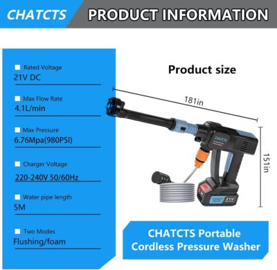 Portable Cordless Pressure Washer, 980PSI Cordless Car Pressure Washer with 2 Batteries, 6 in 1 Nozzle, 5 Meter Hose, for Watering, Cleaning, Car Washing, Floor Washing - Image 7