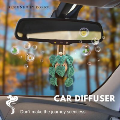 Cute Crochet Car Plant Monstera Essential Oil Diffuser Bottle - 12ml Refillable, Green Car Accessory for Mirror Decor and Home Decor - Image 6