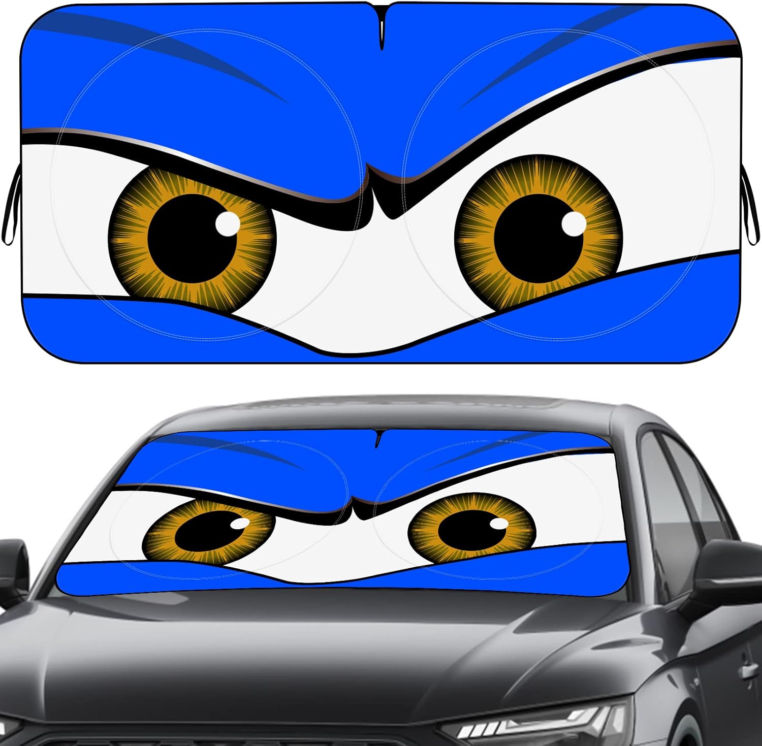 71JfKbmuDnL._AC_SL1500_.jpg Car Windshield Sun Shade, Funny Car Eyes Sun Visor, Wear-Resistant Black Tape, Foldable 59‘’x27.5‘’/63''x31.5'' - Image 1