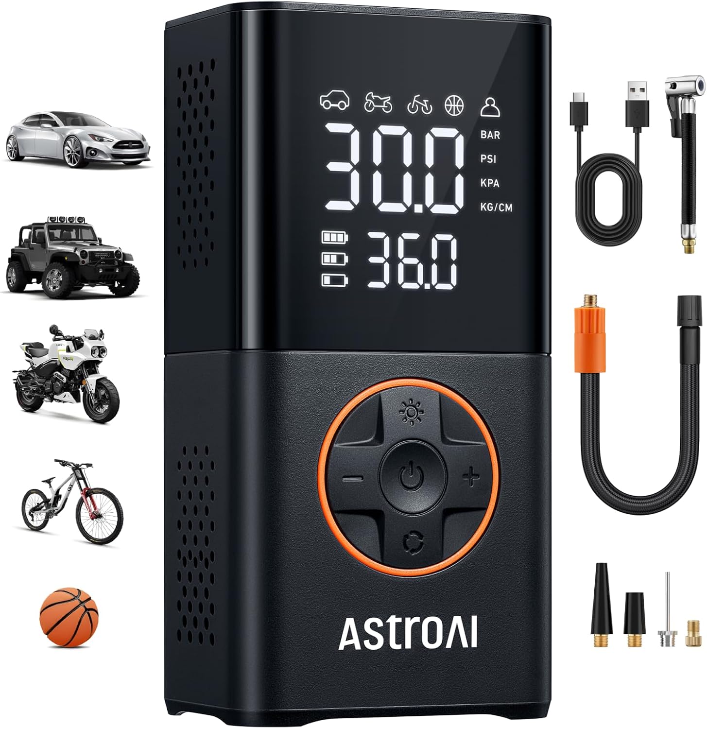 71JfTGoHzqL._AC_SL1500_.jpg AstroAI L7 Tire Inflator Portable Air Compressor Cordless Mini Bike Pump with Digital Dual Values Display, 150 PSI Car Tires Air Pump with LED Lights&Pressure Gauge for Auto, Motorcycles, Bikes, Balls - Image 1
