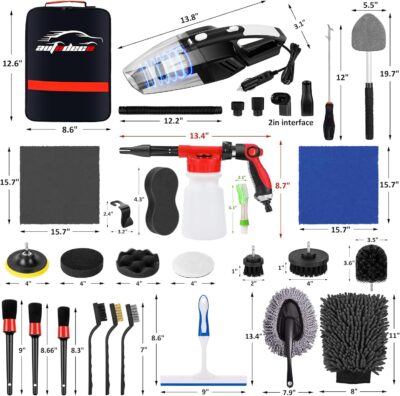 AUTODECO 40Pcs Car Wash Detailing Kit Cleaning Kits with Foam Gun Sprayer Vacuum with Long Cord Drill Brush Large Wash Mitt Towels Complete Interior Exterior Car Washing Supply Set Black - Image 9