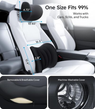 Wigoo 2026 Car Neck Pillow and Lumbar Support Pillow for Car Set [Ergonomic Design, Pressure Relief] Soft Car Headrest Pillow Back Cushion with Adjustable Strap, Fits All Vehicles (Black) - Image 8
