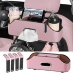 Car Rear Backseat Extra Multifunctional Drink Cup Holder Organizers with Tissue Storage Box Organizer & Hooks for Car Seat Back. Pink