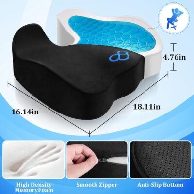 Seat Cushion, Gel Chair Cushions, Office Chair Cushions, Anti-Slip Bottom & Removable Cover Tailbone Pain Relief Cushion, Memory Foam Seat Cushion for Office, Wheelchair, Car (Black) - Image 5