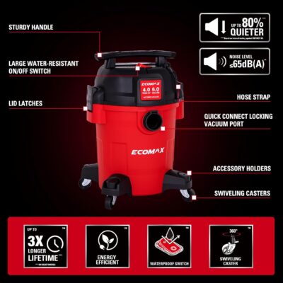 ECOMAX Ultra Quiet Shop Vacuum Wet and Dry 6 Gallon, Shop Vac 4 HP, 80% Quieter Operation, 3X Longer Motor Lifespan, Powerful & Portable for Home, Garage, Jobsite, Workshop - Image 2