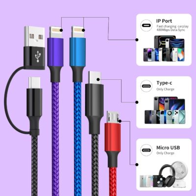 Travel 4 in 2 Multi Charging Cable with Dual IP, Tinned Copper Multi Phone Chargers for All Devices with IP/IP/Type C/Micro Port, Compatible with Most Cell Phones/Tablets and More (1Pack, 5FT) - Image 3