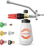 High-Pressure Washer Foam Cannon Accessory, Features a Dual-Connector Design, Includes a 1-Liter Capacity Bottle, 5 nozzles, and an Extension Rod. The Spray Bottle Capacity is 1 Liter/0.26 gallons