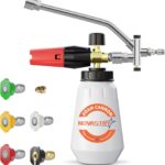 High-Pressure Washer Foam Cannon Accessory, Features a Dual-Connector Design, Includes a 1-Liter Capacity Bottle, 5 nozzles, and an Extension Rod. The Spray Bottle Capacity is 1 Liter/0.26 gallons