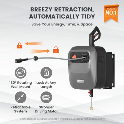 Giraffe Tools Grandfalls Retractable Pressure Washer G20, 2500 PSI 2.2 GPM, 180° Wall Mounted Power Washer, Auto-Retract with 65ft Pressure Hoses, 5 Nozzles for Floor/Cars/Fences/Patios, Dark Silver - Image 3