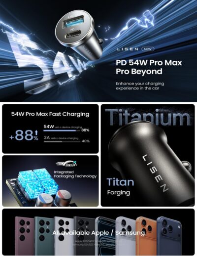 LISEN 54W Mini Cigarette Lighter Adapter Car Charger USB C Fast Charging, 12V Cigarette Lighter USB Car Charger Fast Charging Adapter, for iPhone 17 Pro Max 16 15 14 13 12 Plus Mini, Samsung S26 S25 - Image 2