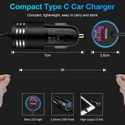 48W Super Fast Car Charger USB C Rapid Android Car Adapter with 30W Built-in Type C Fast Charging Cable for Samsung Galaxy S26 S25 S24 S23 Ultra S22 S21 S20 FE A16 A15 A14 A54 A53 A23 A13 Z Flip 7 6 - Image 5