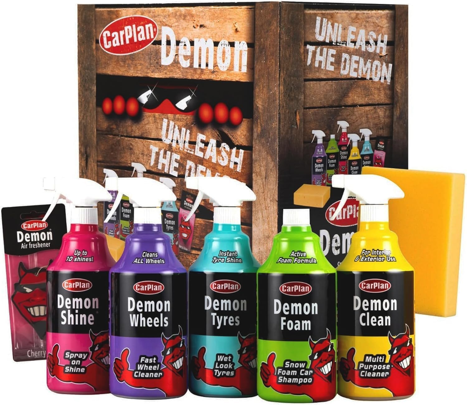 71KGVoU-bqL._AC_SL1500_.jpg CarPlan Demon Car Wash Kit - 7 Piece Set Includes Car Wash Soap, Wheel Cleaner, Tire Shine, Interior Cleaner, Demon Shine, Air Freshener & Sponge - Image 1