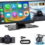 10.26" Wireless CarPlay Screen for Car: 4K Dash Cam & 1080P Backup Camera, Portable Touchscreen Car Stereo for Apple Carplay & Android Auto, GPS Navigation, Mirror Link, BT, FM, Voice Control