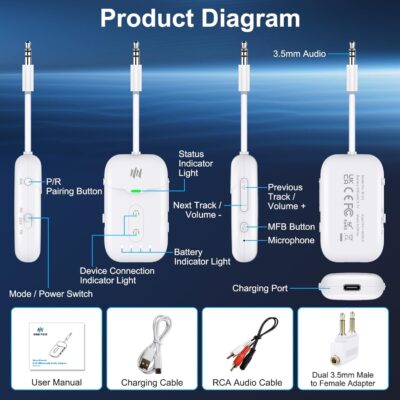 Premium Airplane Bluetooth 5.4 Transmitter Adapter, for 2 AirPods/Headphones,2 in 1 Transmitter Receiver with aptX Low Latency,Wireless Adapter for Flight,TV,Gym,Tablets Car Stereo - Image 8