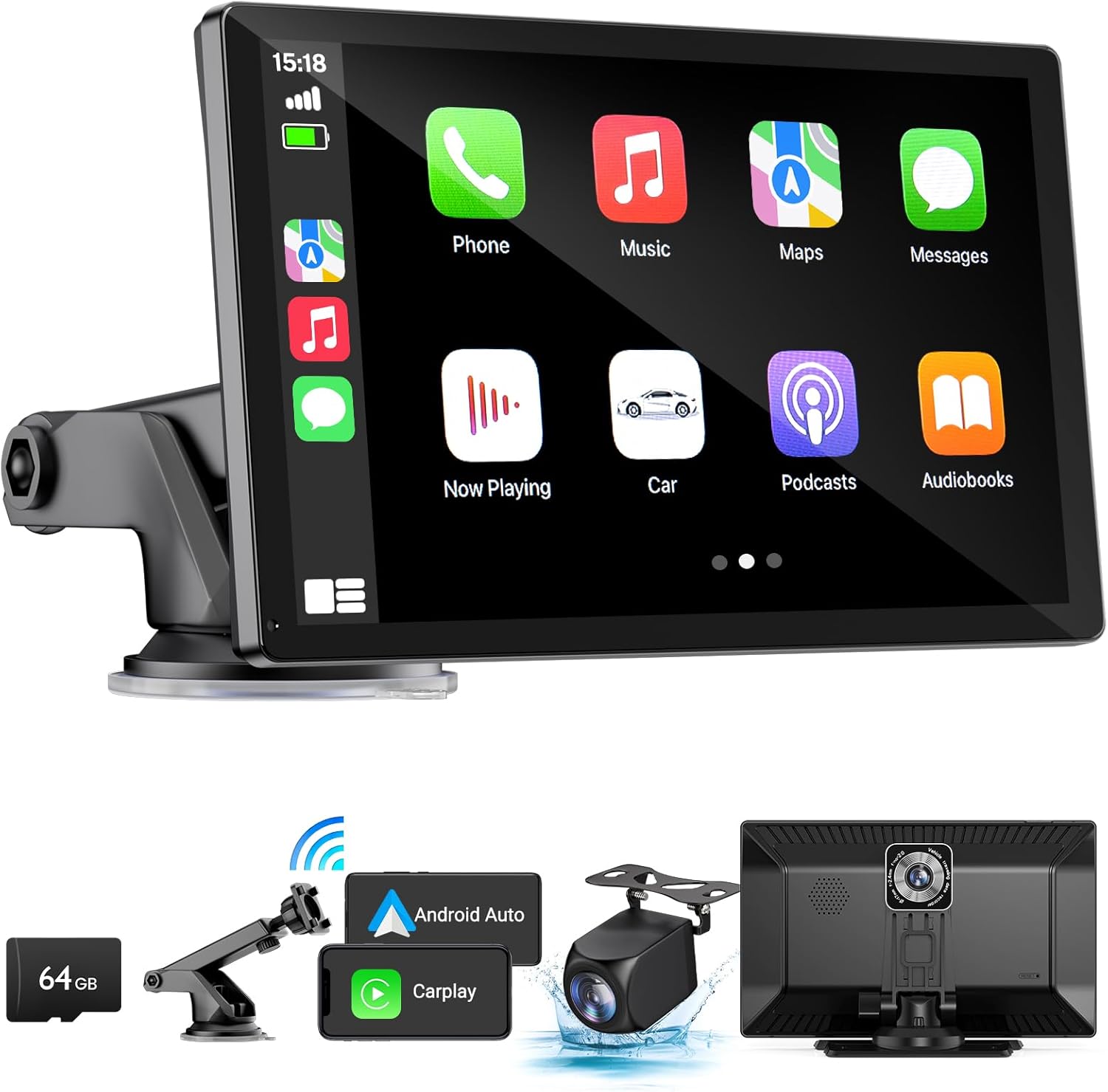 71KOoA8U5XL._AC_SL1500_.jpg Wireless Apple Carplay Screen for Car 4K Dash Cam, 9" Portable Apple Carplay & Android Auto Car Stereo, with 1080p Backup Camera, GPS Navigation/Mirror Link/Voice Control/Bluetooth - Image 1