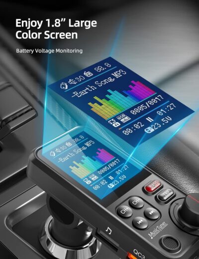 Nulaxy Bluetooth Car Adapter 1.8" Color Screen Strong Mic, QC3.0 Fast Charger Wireless FM Radio Transmitter with Treble & Bass Sound Music Player, Hands-Free Calls, Supports AUX/TF Card/USB Drive - Image 2