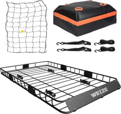 WEIZE 54" x 34" Heavy Duty Roof Rack Basket, 200LBS Universal Rooftop Cargo Basket with Waterproof Bag, Cargo Net & Tie Down Straps, Steel Luggage Holder for Car SUV Truck - Image 3