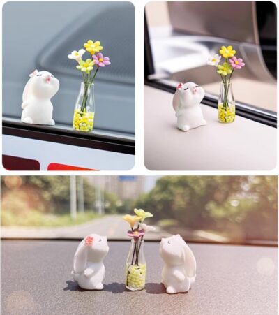 Cute Rabbit Car Dashboard Accessories Flowers Rear View Mirror Decorations, Funny Car Interior Accessories for Girls Women Daisy Charm - Image 3