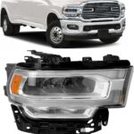 Chrome LED Daytime Running Light Headlights Assembly Compatible with 2019 2020 2021 2022 2023 2024 Dodge Ram 2500 3500 With bulb Right Passenger Side Headlamp OE 68360180AC