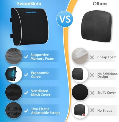 Lumbar Support Pillow for Office Chair, Car & Gaming Chair, Ergonomic Memory Foam Cushion for Back Comfort, Zoned Back Support, Double Adjustable Straps, Breathable Washable Cover, Black - Image 6