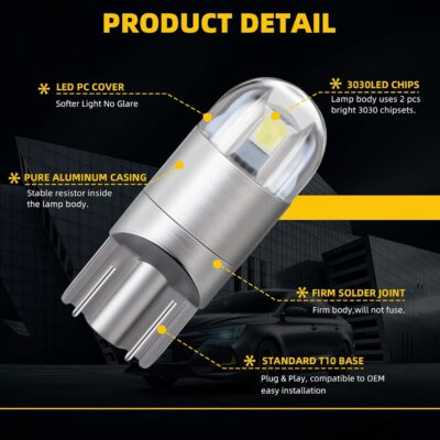 YM E-Bright T10 194 Car Interior Light 168 W5W Led Bulb 3030 Chips 2825 LED Bulb Dome Map Trunk Door Courtesy Light Clearance License Plate Light No-Polarity,AC/DC 12V,White,Pack of 10 - Image 6