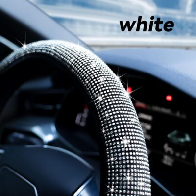 Bling Rhinestone Steering Wheel Cover with Crystal Diamond for Women, Sparkling Car Wheel Protector Universal Fit 14-15 inches - White - Image 3