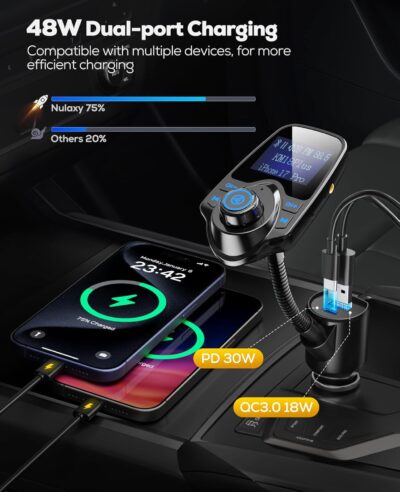 Nulaxy [2026 KM18 Upgraded Version] 48W Bluetooth 5.4 Car Adapter with Fasting Charging Ports [PD 30W & QC3.0 18W], Supports Hands-Free Call, 1.44" Screen Wireless Radio FM Transmitter, Black - Image 2