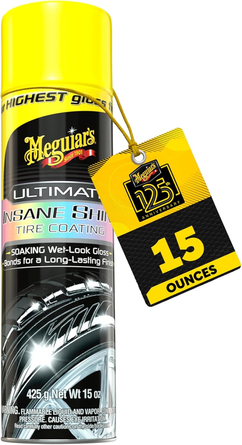 71LVJGdYL._AC_SL1500_.jpg Meguiar's G190315 Ultimate Insane Shine Tire Coating, gives a Finish that Creates a Lasting Wet-Look for a Classic Black Shine, Easy to Use, No Hassle, No Mess, Ultimate Protection, 15 Oz Aerosol Can - Image 1