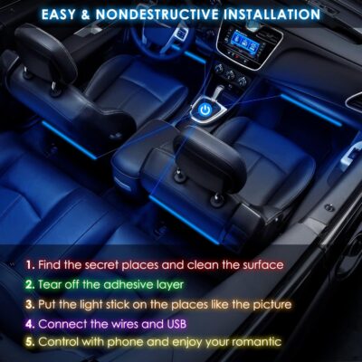 Interior LED Strip Light - 48 LED DIY 16 Million Colors, Microphone App Control, Smart Phone Music Sync RGB Under Dash Waterproof Lighting Kit with Car Charger, USB DC 12V - Image 7