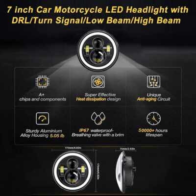 Shkalacar 7inch LED Headlight H4 140W Angel Eyes Round Headlights 4 Modes 14000LM 6000K White/3000K Amber Car Motorcycle Headlight Auto Ring Lights IP67 Waterproof 2pcs - Image 5