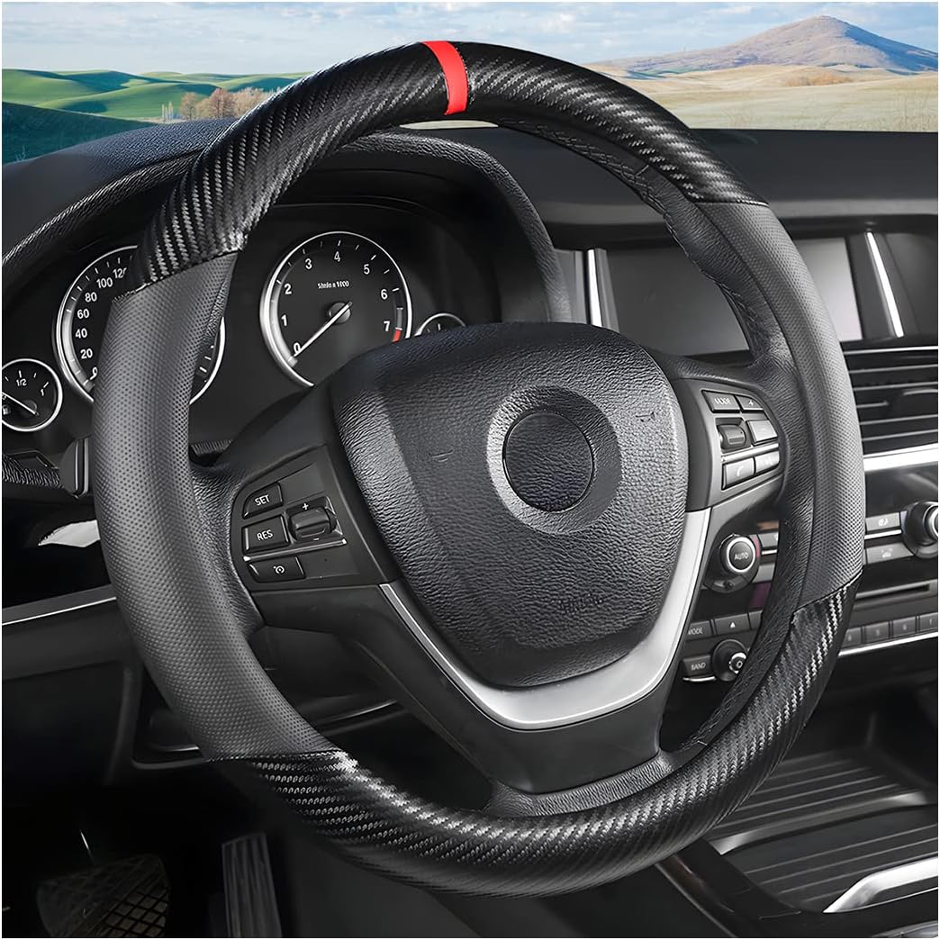 71LifVPbFL._AC_SL1200_.jpg Moly Magnolia Carbon Fiber Steering Wheel Cover, Universal 15 inch Breathable Anti Slip, Black, Leather & Carbon Fiber, Truck & SUV, Automotive Steering Wheel Covers - Image 1