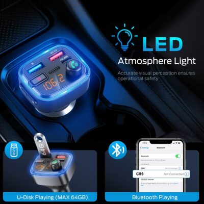 Bluetooth 5.4 Car Adapter, Wireless FM Transmitter with Deep Bass Player, 48W Fast Charging Bluetooth Adapter for Car, Hands-Free Calling & Audio Receiver, MP3 Music Player, Support USB Drive - Image 3