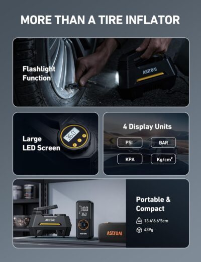 AstroAI Tire Inflator Portable Air Compressor Air Pump for Car Tires-Car Accessories, 9.8Ft Cord-12V DC-Powered Auto Pump with Digital Pressure Gauge, Emergency LED Light for Bicycle, Balloons, Yellow - Image 8