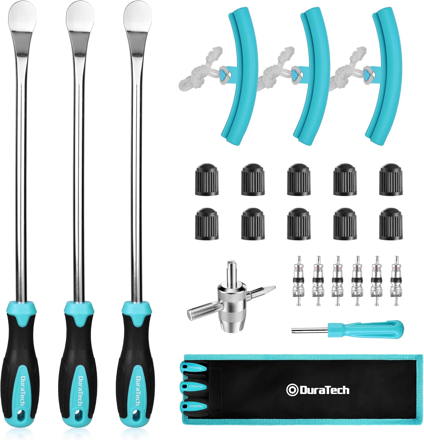 71M1c0iiBpL._AC_SL1500_.jpg DURATECH 14.5" Steel Tire Spoons Tool Set, 24-Piece Tire Bar Removal Set with Rim Protectors, Valve Core Tools and Storage Bag, Tire Changing Iron Tool Kit for Motorcycle, Bicycle, ATV and Lawn Mower - Image 1