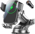 Wireless Car Charger, [15W Fast Charging] Car Phone Mount with Upgrade Suction, Car Phone Holder Charger for Dashboard Windshield Compatible with iPhone 16/15/14 Pro Max, Galaxy S25/S24 Grey