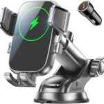 Wireless Car Charger, [15W Fast Charging] Car Phone Mount with Upgrade Suction, Car Phone Holder Charger for Dashboard Windshield Compatible with iPhone 16/15/14 Pro Max, Galaxy S25/S24 Grey