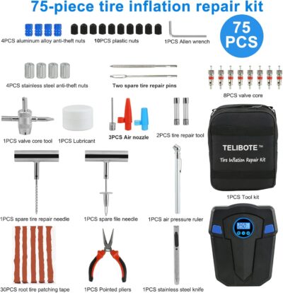 Tire Repair Kit, Tire Inflator Portable Air Compressor, Heavy Duty Flat Tire Repair Kit With 12V Air Pump For SVU, Car, Motorcycle, Truck, RV And Other Tire Repair - Image 2