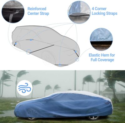 Season Guard HYVEK™ Car Cover for Sedan up to 228", Waterproof All-Weather Outdoor Cover with PE Outer & Cotton Lining, Breathable Blue Sides, Scratch-Resistant, UV Protection, White/Blue - Image 4