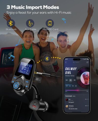 Nulaxy [2026 KM18 Upgraded Version] 48W Bluetooth 5.4 Car Adapter with Fasting Charging Ports [PD 30W & QC3.0 18W], Supports Hands-Free Call, 1.44" Screen Wireless Radio FM Transmitter, Black - Image 6