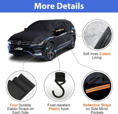 Half Car Cover Top, Hail Protector Car Cover with Cotton Liner, Sunroof & Windshield Cover for Ice and Snow, All Weather Vehicle Body Cover for Sun, Rain, Dust - Image 4