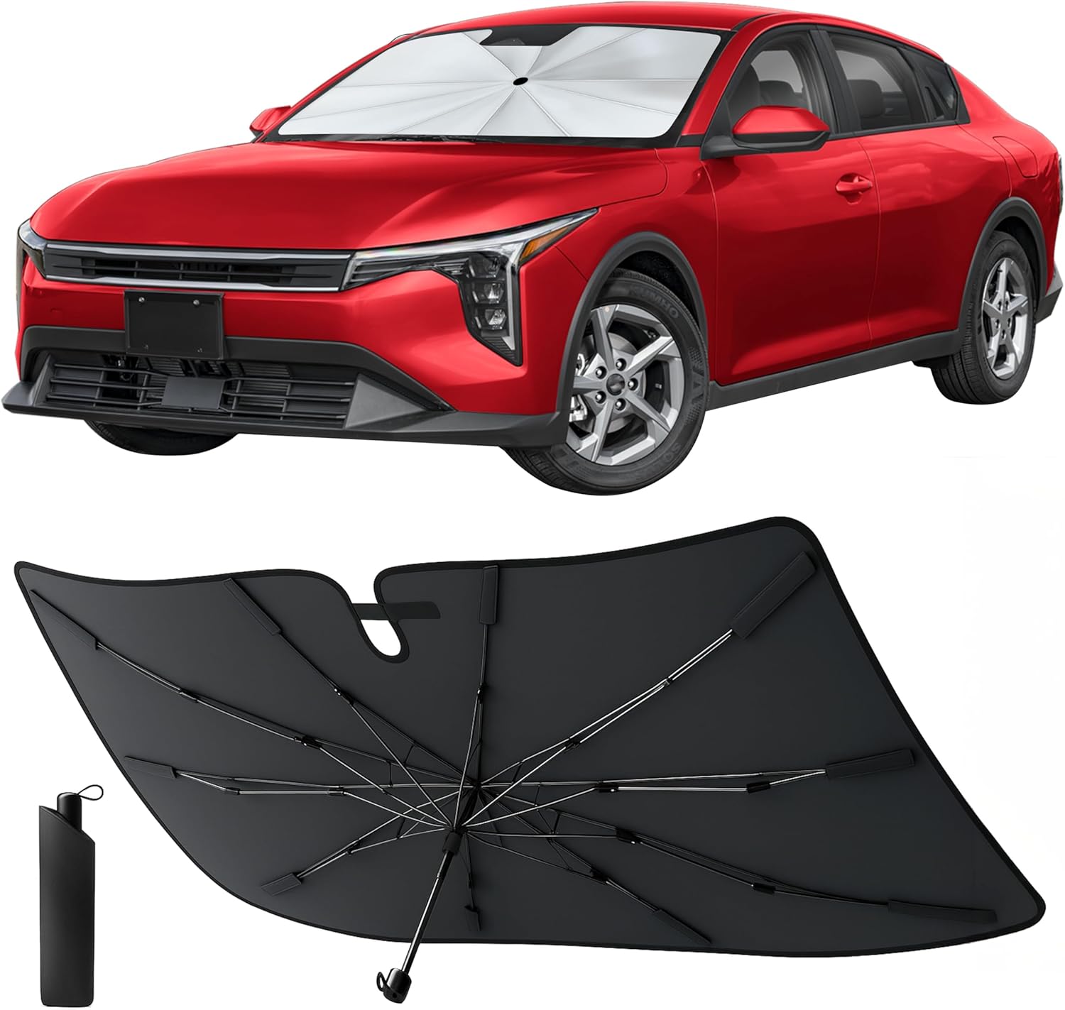 71MK-67Z64L._AC_SL1500_.jpg Econour Windshield Sun Shade Umbrella for Car | Medium Foldable Car Sunshade | UV & Heat Protection Front Window Sun Shield, Keeps Interior Cool, Fits Sedans SUVs & Trucks (57” x 33”) - Image 1
