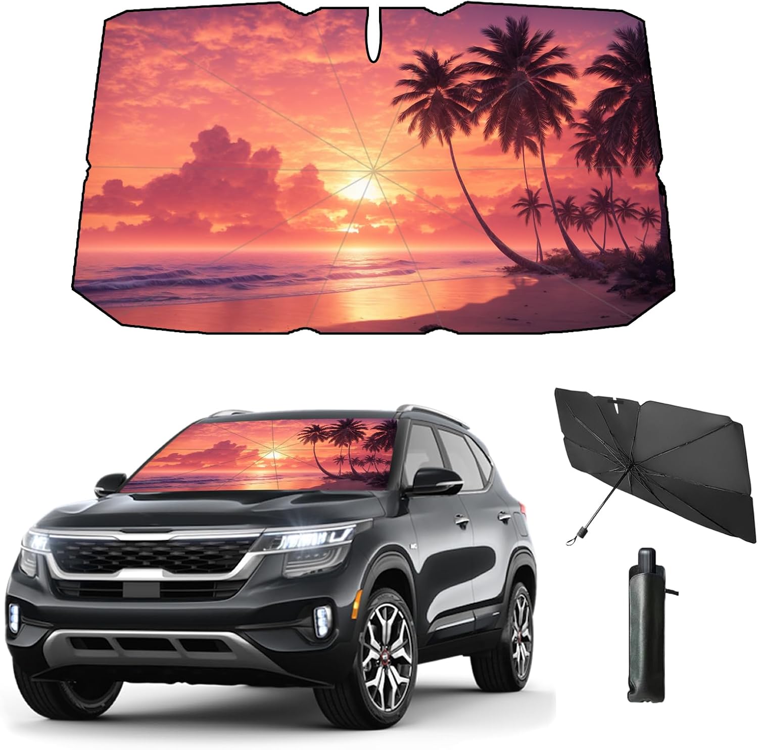 71MKIwtFGVL._AC_SL1500_.jpg Windshield Sun Shade Umbrella for Car Front Window Sun Visor for Windshield Car Summer Accessories Protect Interior from UV Rays & Heat for Sedan, Compact SUV, Hatchbacks 57"*31" - Image 1