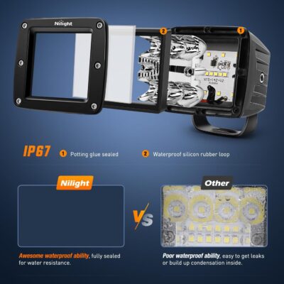 Nilight 2Pcs 3Inch 42W LED Cubes Upgraded Spot Flood Combo Square Driving Fog Off Road Lights 12V 5Pin Rocker Switch Wiring Harness Kit-2 Leads - Image 5