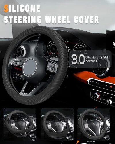 WOCOCN Car Steering Wheel Cover, Thin Anti-Skid Silicone Steering Wheel Cover for Men & Women, Universal Automotive Interior Accessories for Most Cars (Black) - Image 6