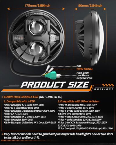 7 Inch LED Headlights DOT Approved Anti-glare 1000% Brightness H6024 LED Headlights Plug&Play, Compatible with Wrangler JK JKU TJ LJ Z-beam Cut-Off Line, 2PCS - Image 6